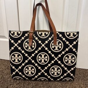 T Monogram Contrast Embossed Top Handle Tote